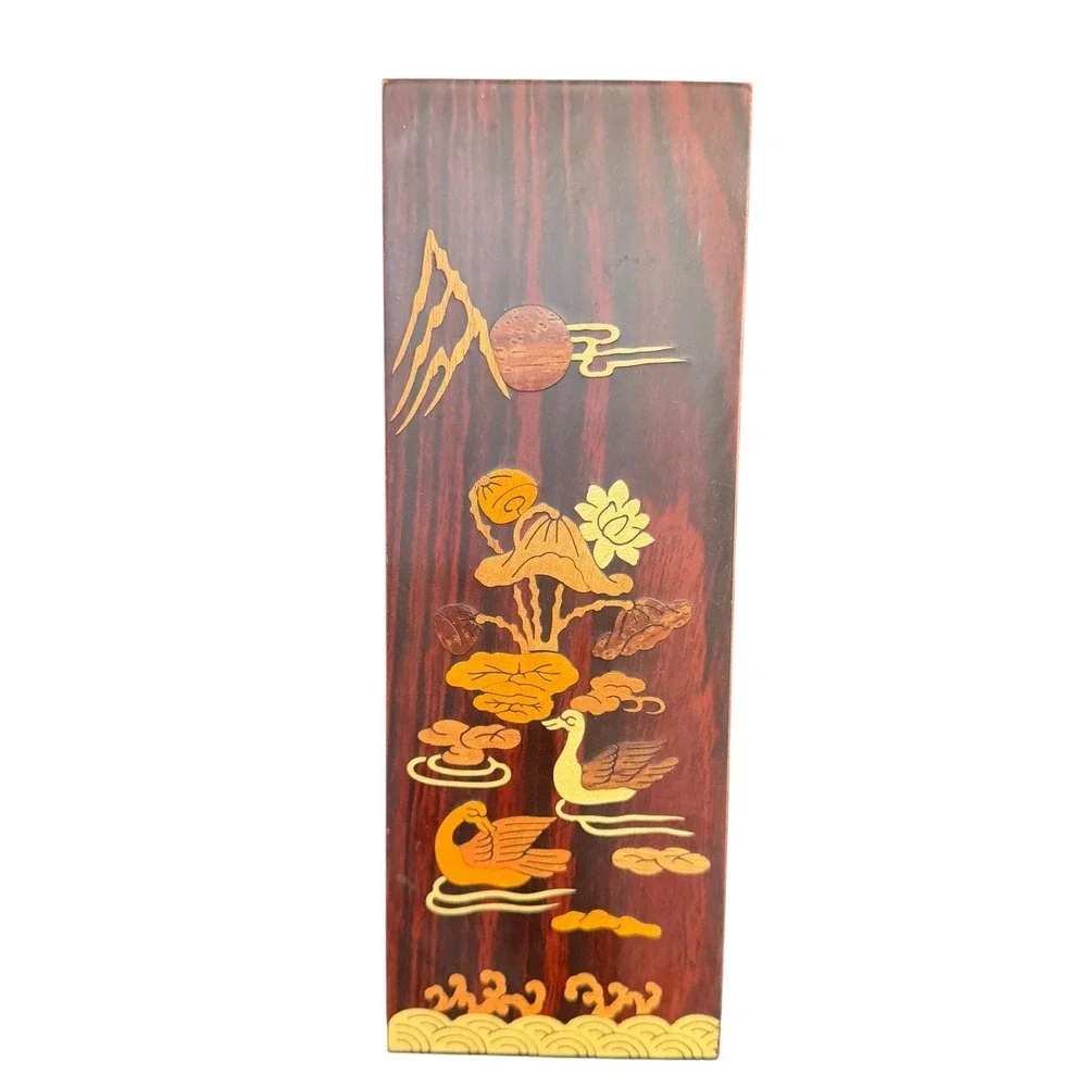 Vintage Korean Inlay Wood Box KICAC‎ Duck/Crane Marquetry Red Velvet RARE
